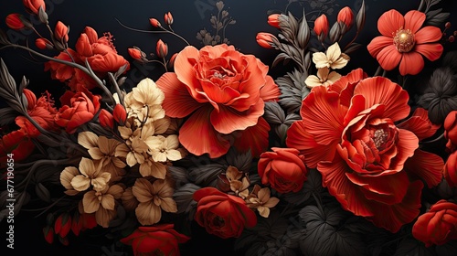 A romantic Victorian floral design, Vintage Floral Print Motif, High Contrast © Daniil