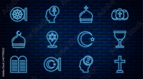 Set line Christian cross, Holy grail or chalice, Church tower, Star of David, Muslim Mosque, Dharma wheel, and crescent and Cross ankh icon. Vector