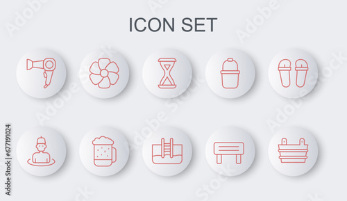 Set line Sauna bucket, Man in the sauna, hourglass, wood bench, Hair dryer, Flower, Wooden beer mug and Swimming pool with ladder icon. Vector