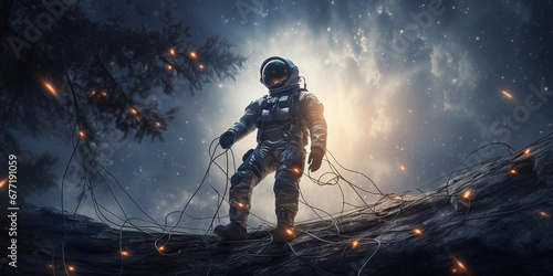 astronaut tethered to a satellite, repairing with tools, against a starry background photo