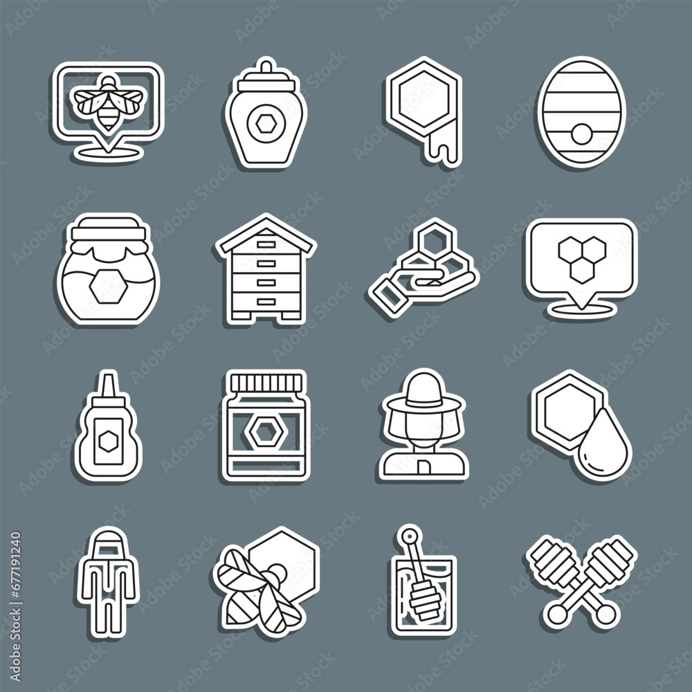 Set line Honey dipper stick, Honeycomb, bee location, Hive for bees, Jar of honey, Bee and and hand icon. Vector Set line Honey dipper stick, Honeycomb, bee location, Hive for bees, Jar of honey, Bee and and hand icon. Vector