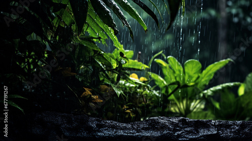 Heavy monsoon rainfall  cascading down the leaves of a lush jungle  dark atmosphere  luminescent raindrops