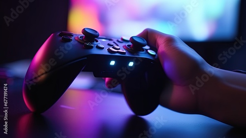 closeup hand with console game in rgb light background photo