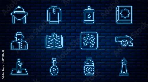 Set line Mosque tower or minaret, Ramadan cannon, Kareem lantern, Holy book of Koran, Muslim man, Table food, Speaker mute and Shirt kurta icon. Vector