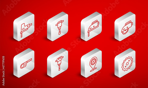 Set line Circular saw blade, Construction jackhammer, Electric jigsaw, circular, and Reciprocating icon. Vector