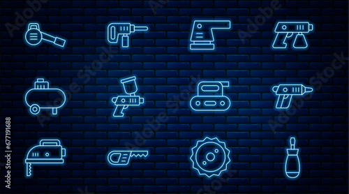 Set line Screwdriver, Electric cordless screwdriver, sander, Paint spray gun, Air compressor, Leaf garden blower, planer tool and drill machine icon. Vector