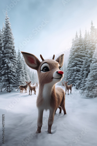 Portrait de Rudolph le renne au nez rouge (Rudy) du traineau du Père Noël à la montagne dans la neige avec d'autres rennes devant une forêt enneigée - Noël, célébrations de fin d'année