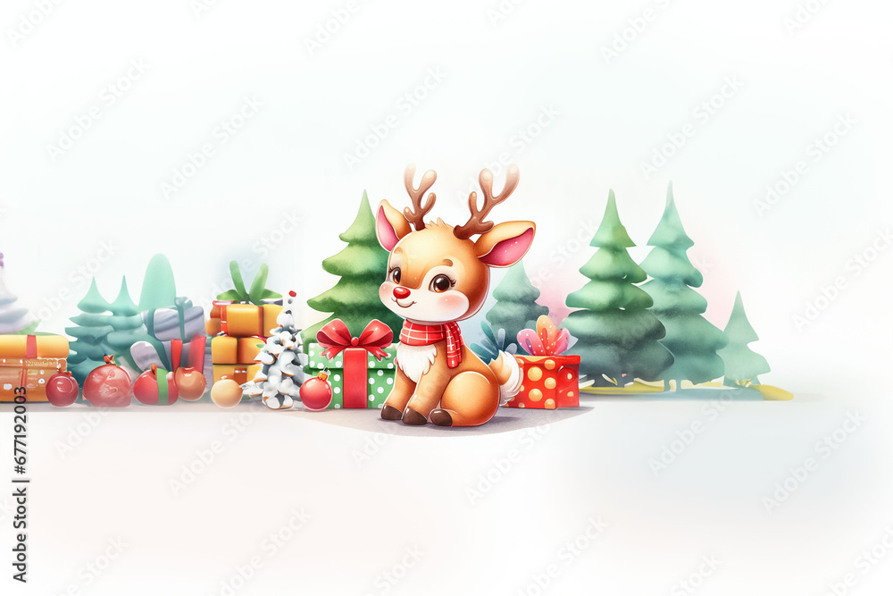 Rudolph, le petit renne au nez rouge, assis devant des paquets cadeaux de noël emballés et disposés aux pieds de sapins. Rudolph porte une écharpe pour ne pas avoir froid - Espace texte