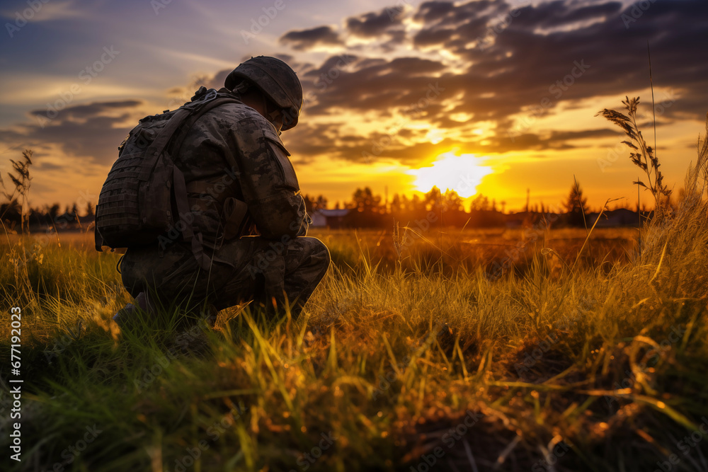 Photograph of a soldier kneeling after praying at sunrise.