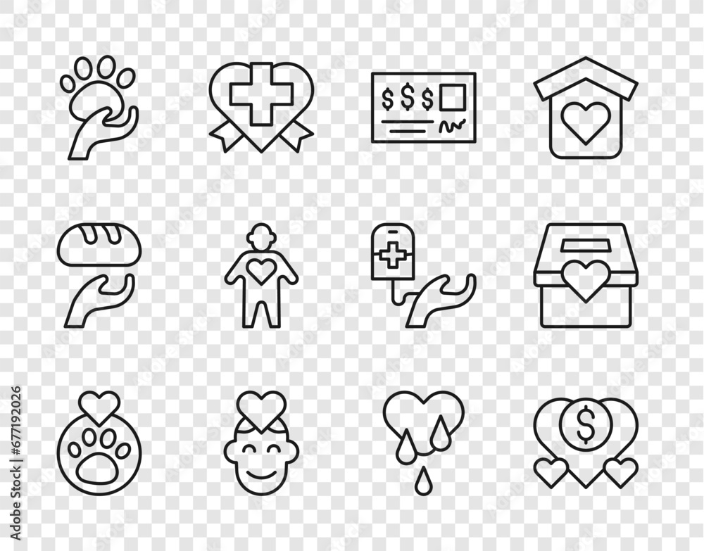 Fototapeta premium Set line Heart with animals footprint, Donation and charity, Bank check, Volunteer, Animal volunteer, Blood donation and icon. Vector