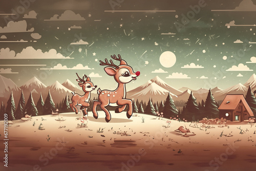 Portrait de Rudolph le petit renne au nez rouge (Rudy) du traineau du Père Noël à la montagne dans la neige avec d'autres rennes devant une forêt enneigée - Noël, célébrations de fin d'année photo
