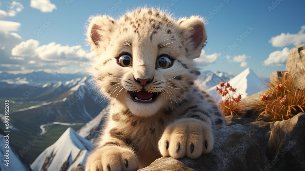 Leopardo das neves filhote fofo e feliz sorrindo nas montanhas geladas - Ilustração infantil - obrazy, fototapety, plakaty 