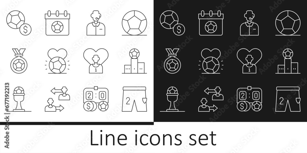 Set line Shorts for playing football, Award over sports winner podium, Football soccer commentator, Soccer, medal, player and calendar icon. Vector