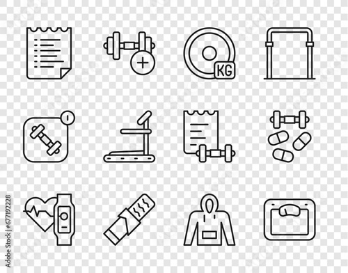 Set line Smart watch with heart, Bathroom scales, Weight plate, Protein sport bar, Sport training program, Treadmill machine, Hoodie and Sports doping dumbbell icon. Vector
