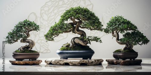 Bonsai trees, Ficus, Juniper, and Pine, staggered heights, white marble background, softbox lighting