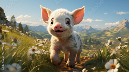 Porco malhado filhote, fofo e feliz  no campo - Ilustração infantil photo