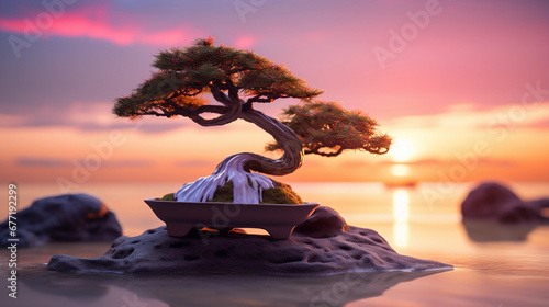 Bonsai, perched on a white sandy beach, sunset behind, vibrant colors © Marco Attano
