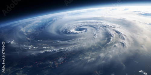 Swirling hurricane viewed from space  Earth s curvature visible  ominous atmosphere