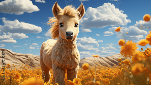 Cavalo bege fofo no campo - Ilustração infantil 
