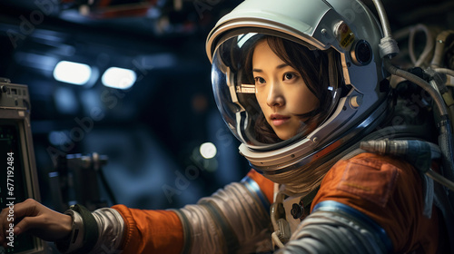 Asian female astronaut, floating inside the ISS, interacting with control panels, dramatic overhead LED lighting, environment reflecting in the helmet visor