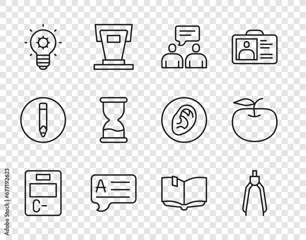 Set line Exam paper with incorrect answers, Drawing compass, Two sitting men talking, Speech bubbles Answer, Light bulb, Old hourglass, Open book and Apple icon. Vector