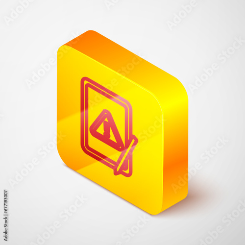 Isometric line Graphic tablet with exclamation mark icon isolated on grey background. Alert message smartphone notification. Yellow square button. Vector
