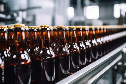 Bottles of beer on the conveyor belt in the factory.   Generative AI