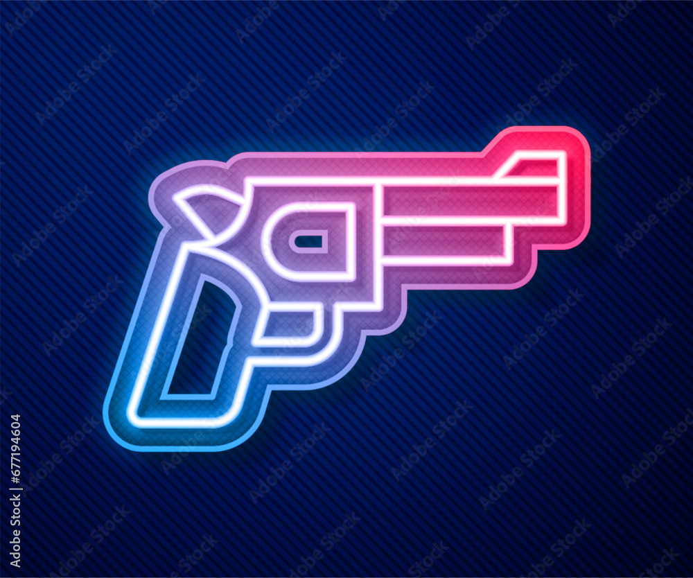 Glowing neon line Pistol or gun icon isolated on blue background. Police or military handgun. Small firearm. Vector Glowing neon line Pistol or gun icon isolated on blue background. Police or military handgun. Small firearm. Vector