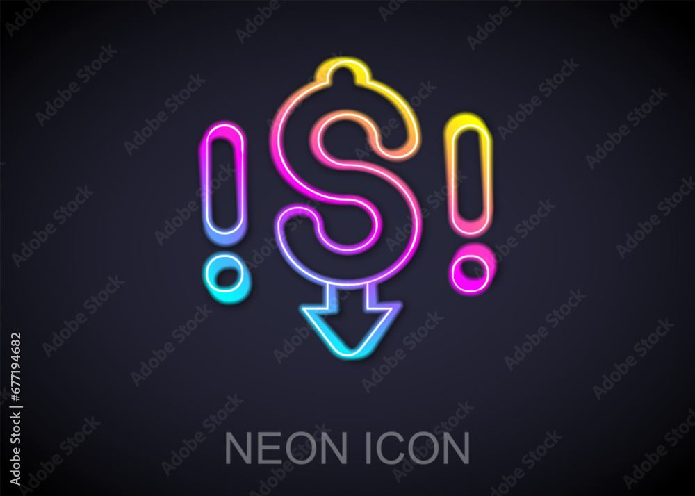Glowing neon line Dollar rate decrease icon isolated on black background. Cost reduction. Money symbol with down arrow. Business lost crisis decrease. Vector Glowing neon line Dollar rate decrease icon isolated on black background. Cost reduction. Money symbol with down arrow. Business lost crisis decrease. Vector