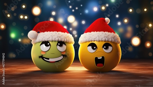 Emojis or smileys bored and rolling eyes in Christmas hats on bokeh background © Wendy2001