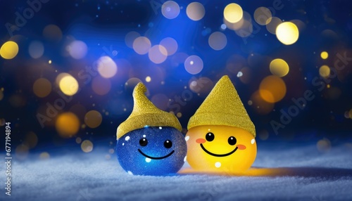 Blue and yellow smiling emoticons, smileys, emojis in yellow hats on snowy bokeh backdrop for successful resolution of conflict war in Ukraine