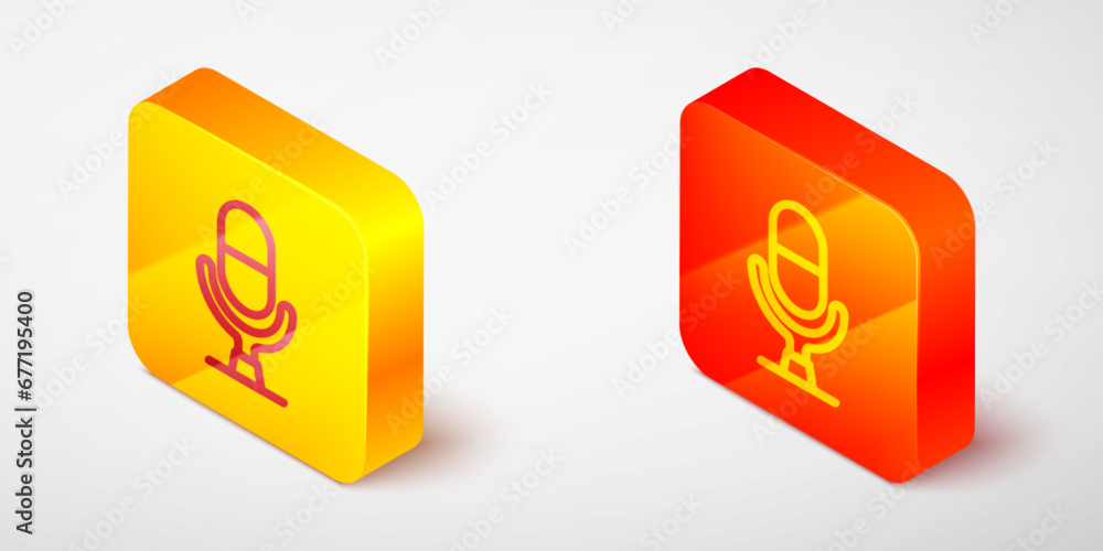 Isometric line Microphone voice device icon isolated on grey background. Microphone interpreter and alphabet letters. Yellow and orange square button. Vector