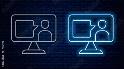 Glowing neon line E-learning of different foreign languages icon isolated on brick wall background. Vector photo