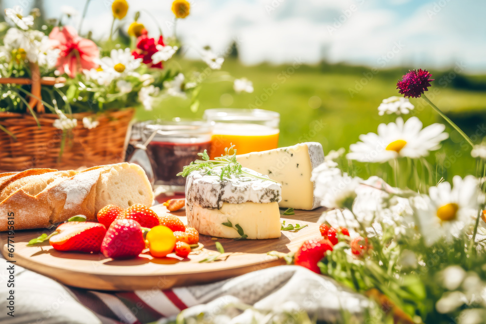 Romantic outdoor picnic featuring a variety of cheeses, fresh strawberries, bread, and jam among blooming daisies and wild herbs, perfect for lifestyle or food-related content and advertising