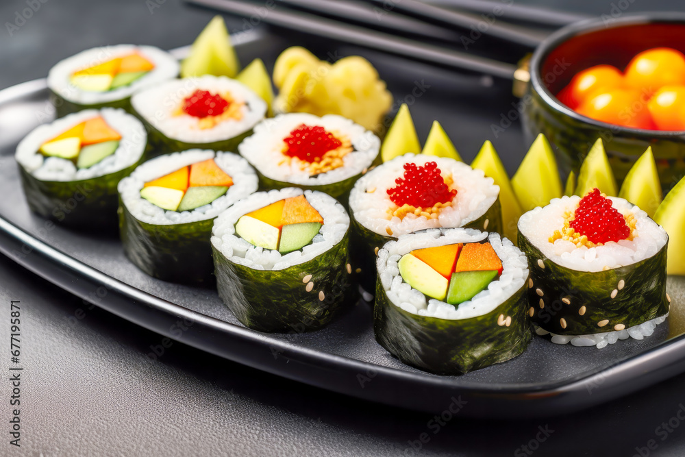 Tasty vegan sushi rolls with pepper, cucumber, carrot and avocado on modern идфсл plate on идфсл background. Vegetarian healthy food and diet. Vigenary Tasty vegan sushi rolls with pepper, cucumber, carrot and avocado on modern идфсл plate on идфсл background. Vegetarian healthy food and diet. Vigenary