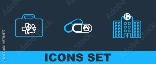 Set line Veterinary medicine hospital, Pet first aid kit and Dog and pills icon. Vector