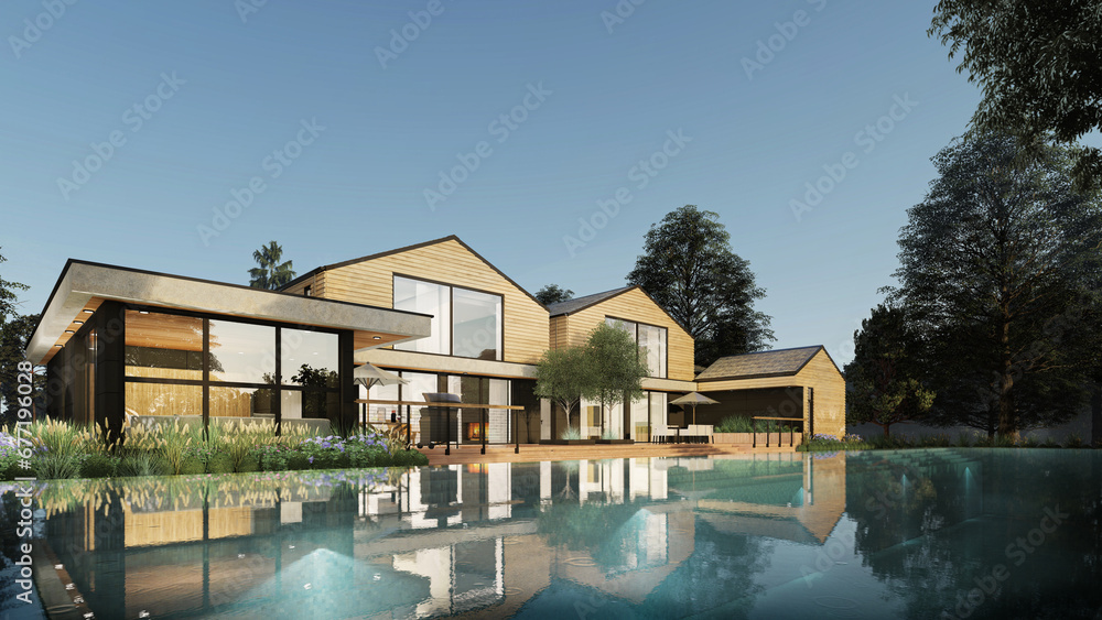 Architecture 3d rendering illustration of modern Wooden houses with natural landscape , daytime Architecture 3d rendering illustration of modern Wooden houses with natural landscape , daytime