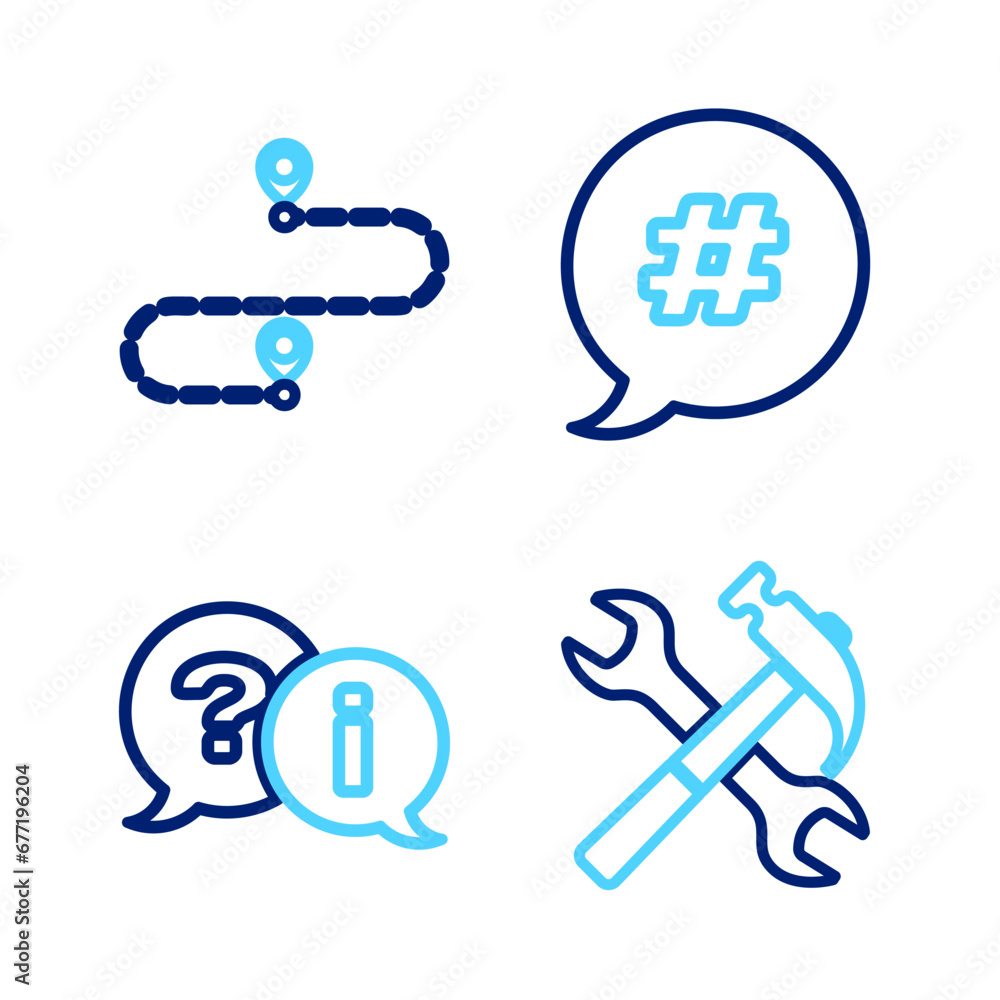 Set line Crossed hammer and wrench, Question Exclamation, Hashtag speech bubble and Route location icon. Vector Set line Crossed hammer and wrench, Question Exclamation, Hashtag speech bubble and Route location icon. Vector