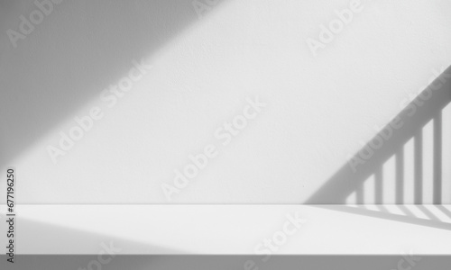 Empty white cement floor and wall texture background with shadow sunlight overlay well free space for text presentation on concrete backdrop 