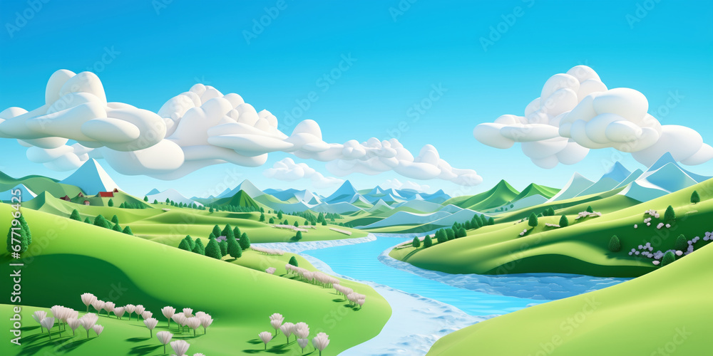 3D illustrations on landscape with sharp mountain peaks, green grass and white clouds