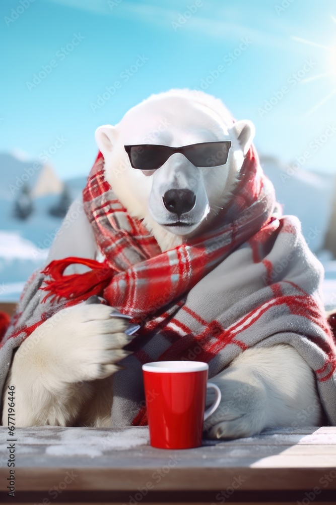 Fototapeta premium Polar bear wrapped in blanket sits with cup of coffee on glacier of Arctic ocean basking under sun. Polar bear wrapped up in warm blanket from cold and enjoys drinking coffee in natural surroundings