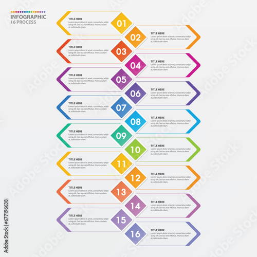 Infographic process design with icons and 16 options or steps.