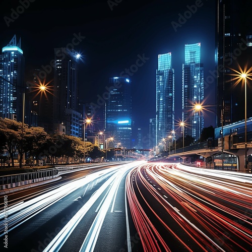 High speed urban traffic on a city highway during evening rush hour, car headlights and busy night transport captured by motion blur lighting effect 
