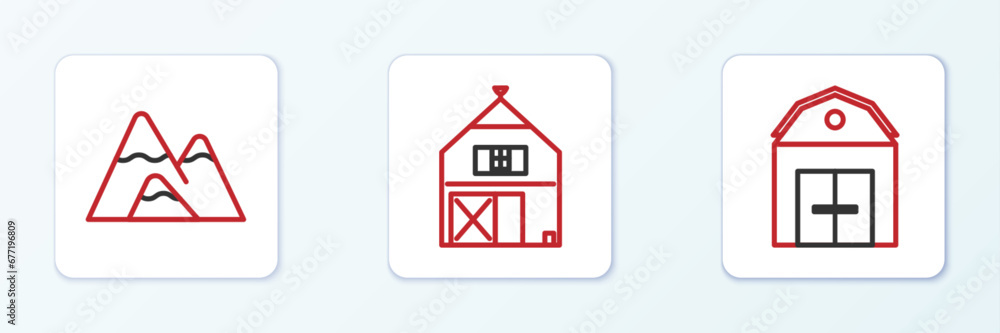Set line Farm House, Mountains and icon. Vector Set line Farm House, Mountains and icon. Vector