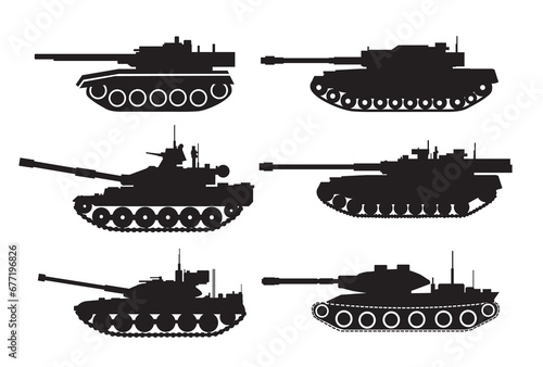 Set of silhouettes of military tanks war clash army conflict for design