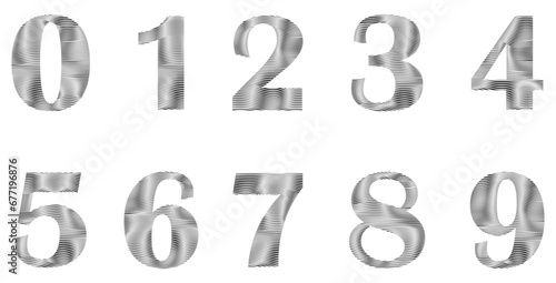 Set of numbers isolated on white. Alphabet with numbers. Vector graphic elements for design. Waves and lines. Silver, metal