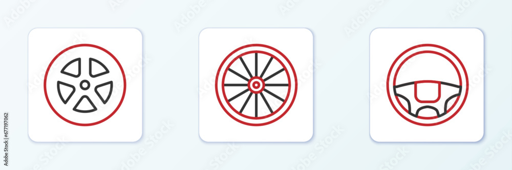 Set line Steering wheel, Car and icon. Vector Set line Steering wheel, Car and icon. Vector