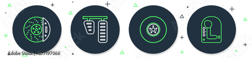 Set line Car gas and brake pedals, disk, with caliper and Gear shifter icon. Vector
