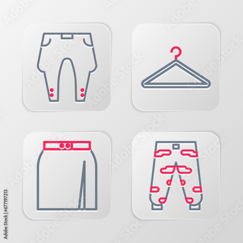 Set line Camouflage cargo pants  Skirt  Hanger wardrobe and Pants icon. Vector