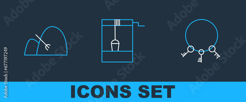 Set line Old keys, Bale of hay and rake and Well with bucket icon. Vector